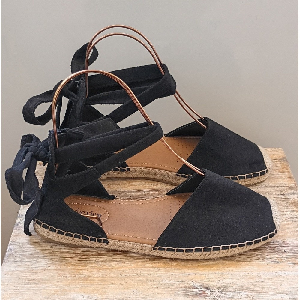 Comfortview Shayla Black Ankle Wrap Espadrille Flats Shoes Womens 10W Boho